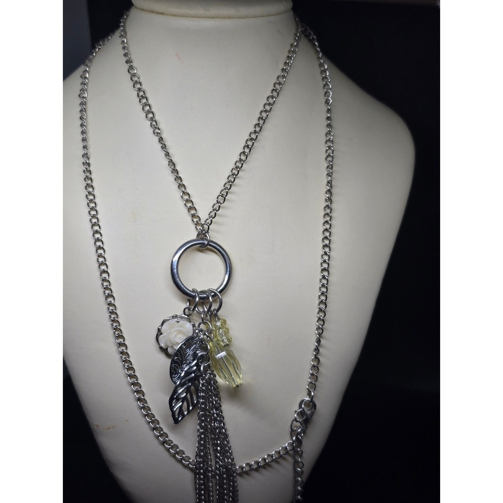 Silver Tone Long Layering Elegant Necklace Multi Charm Rose Leaf Tassel, Chic